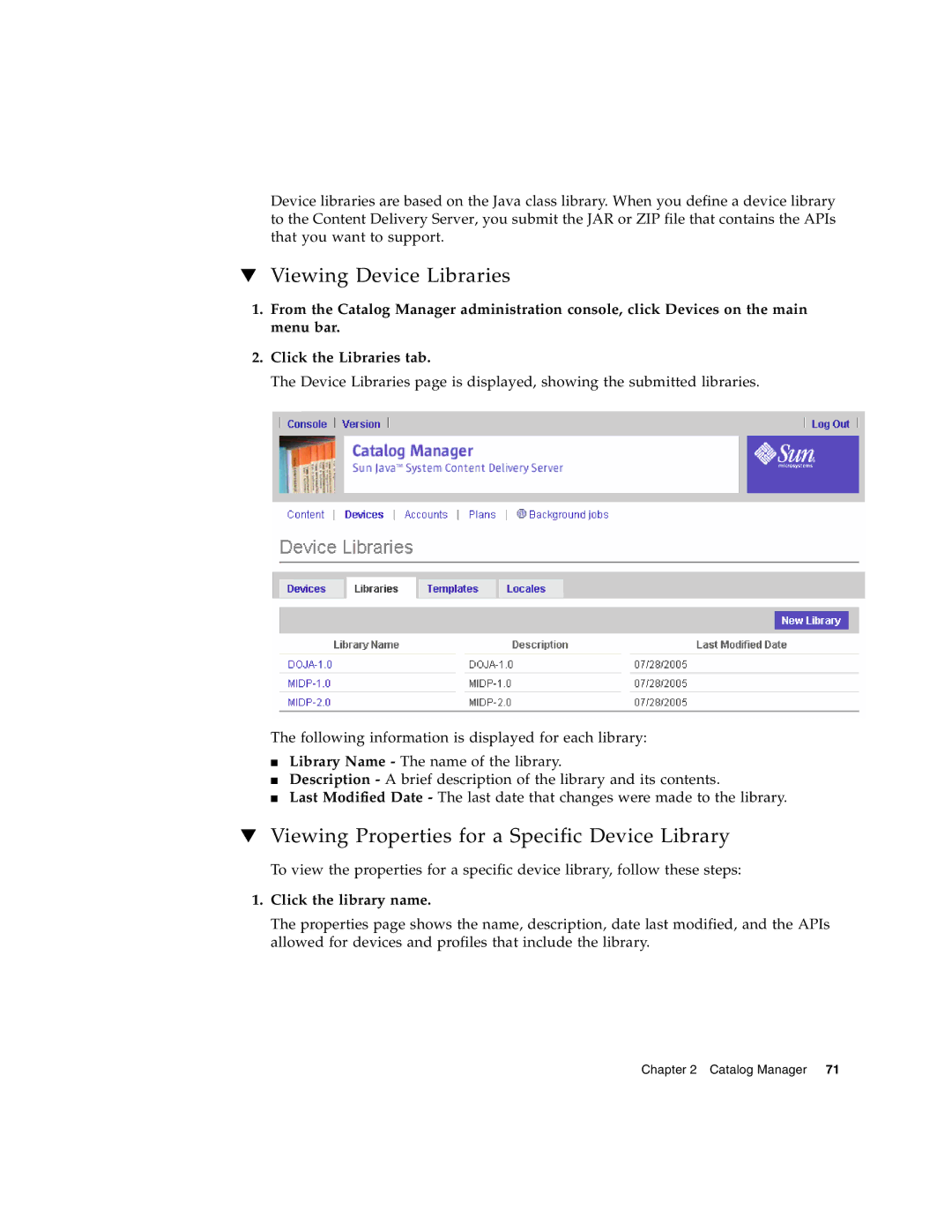 Sun Microsystems 5 Viewing Device Libraries, Viewing Properties for a Specific Device Library, Click the library name 