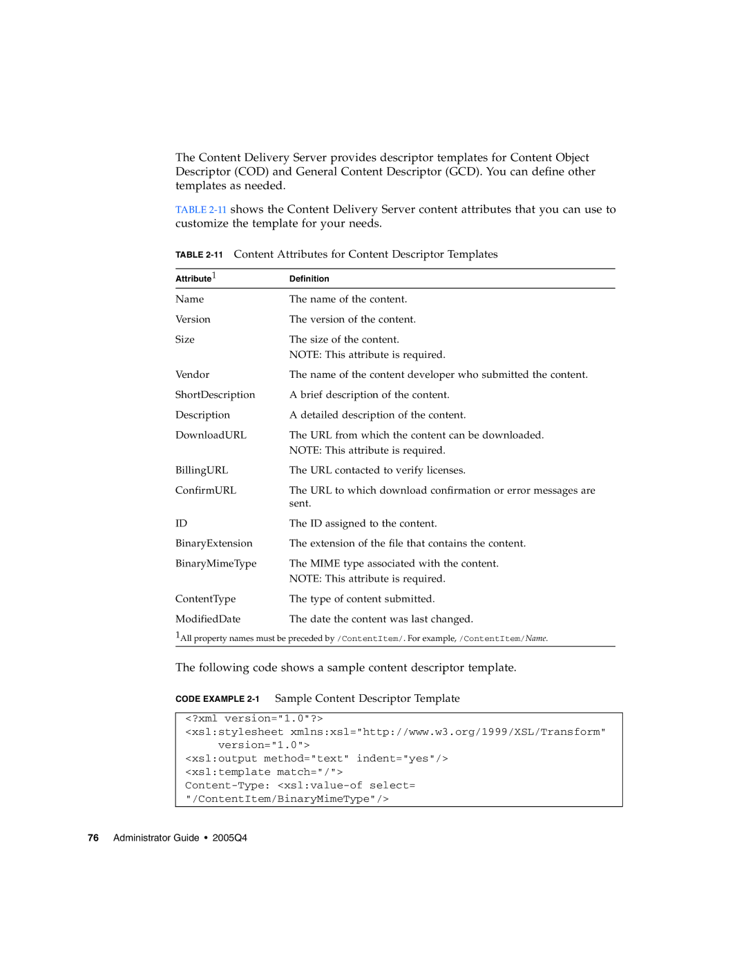 Sun Microsystems 5 manual 11Content Attributes for Content Descriptor Templates 