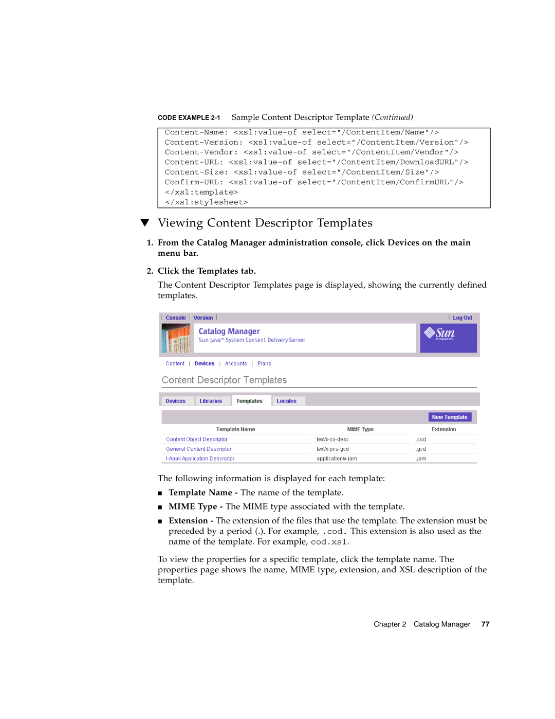 Sun Microsystems 5 manual Viewing Content Descriptor Templates 