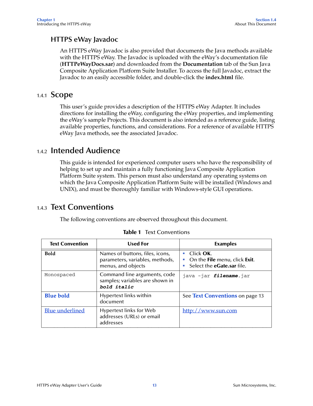 Sun Microsystems 5.1.1 manual Scope, Intended Audience, Text Conventions, Https eWay Javadoc 