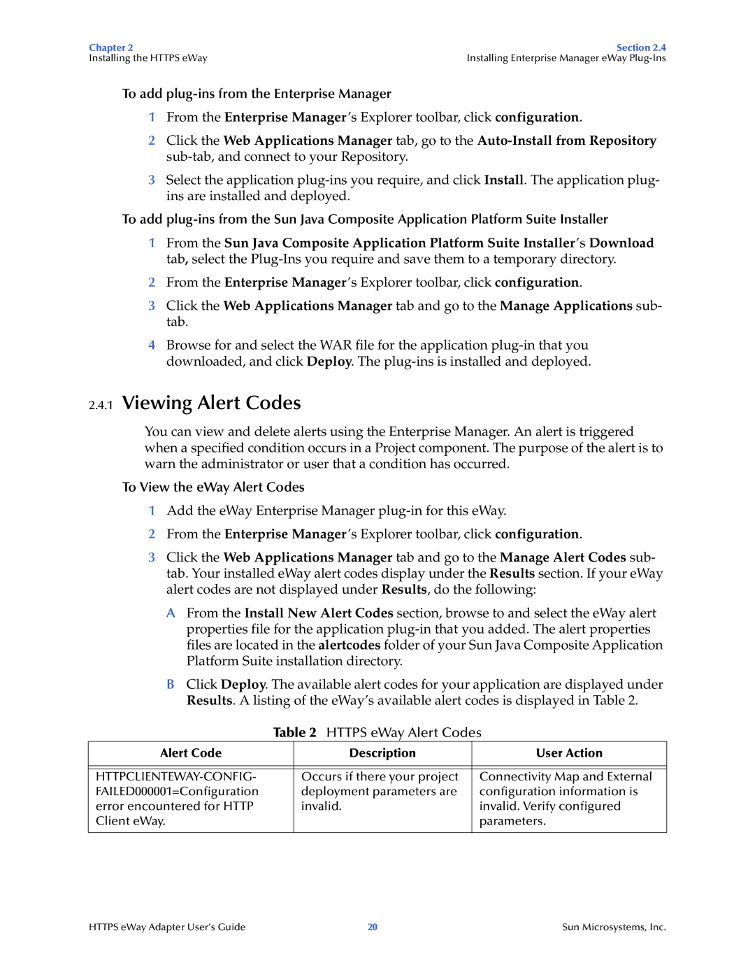 Sun Microsystems 5.1.1 Viewing Alert Codes, To add plug-ins from the Enterprise Manager, To View the eWay Alert Codes 