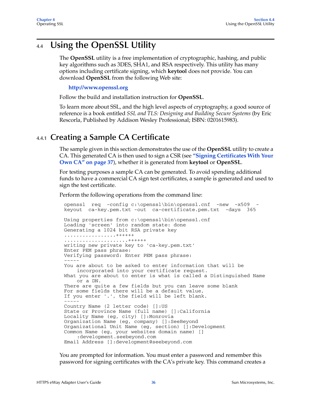 Sun Microsystems 5.1.1 manual Using the OpenSSL Utility, Creating a Sample CA Certificate 