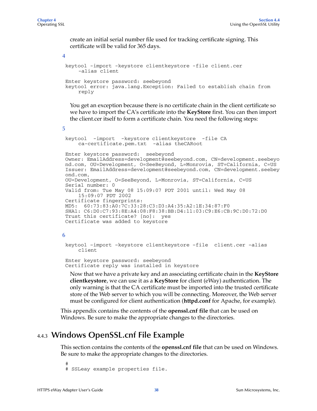 Sun Microsystems 5.1.1 manual Windows OpenSSL.cnf File Example, # SSLeay example properties file 