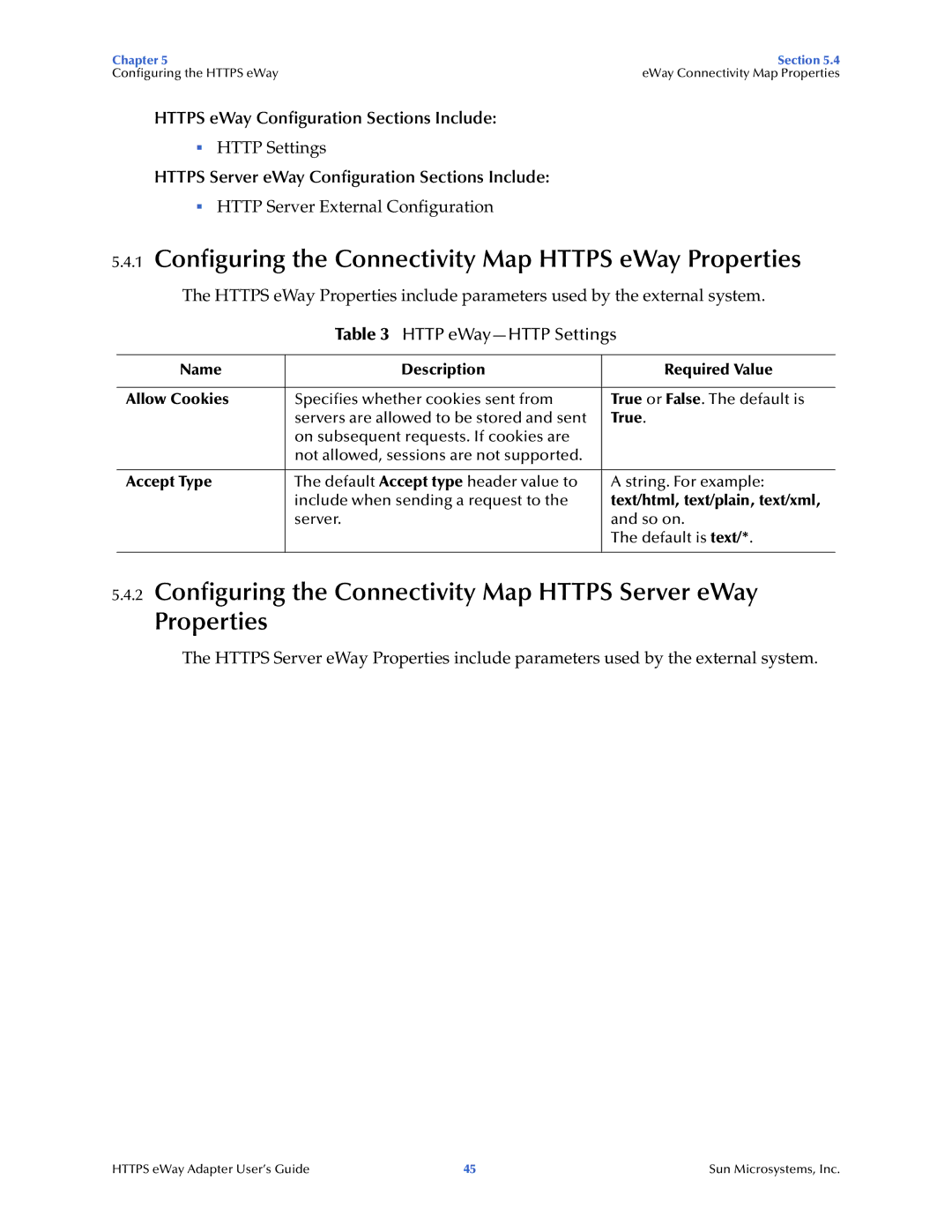 Sun Microsystems 5.1.1 Configuring the Connectivity Map Https eWay Properties, Https eWay Configuration Sections Include 