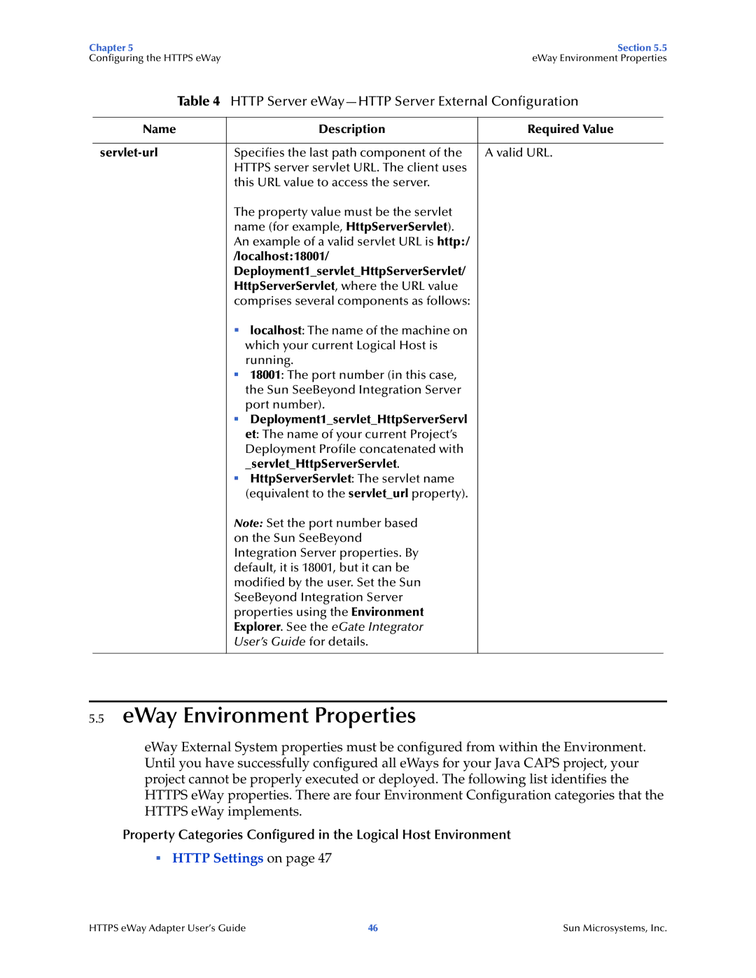 Sun Microsystems 5.1.1 manual EWay Environment Properties, Http Server eWay-HTTP Server External Configuration 