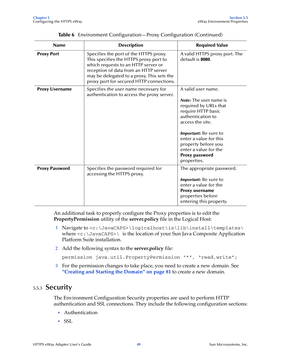 Sun Microsystems 5.1.1 manual Security, Name Description Required Value Proxy Port, Proxy Username, Proxy password 