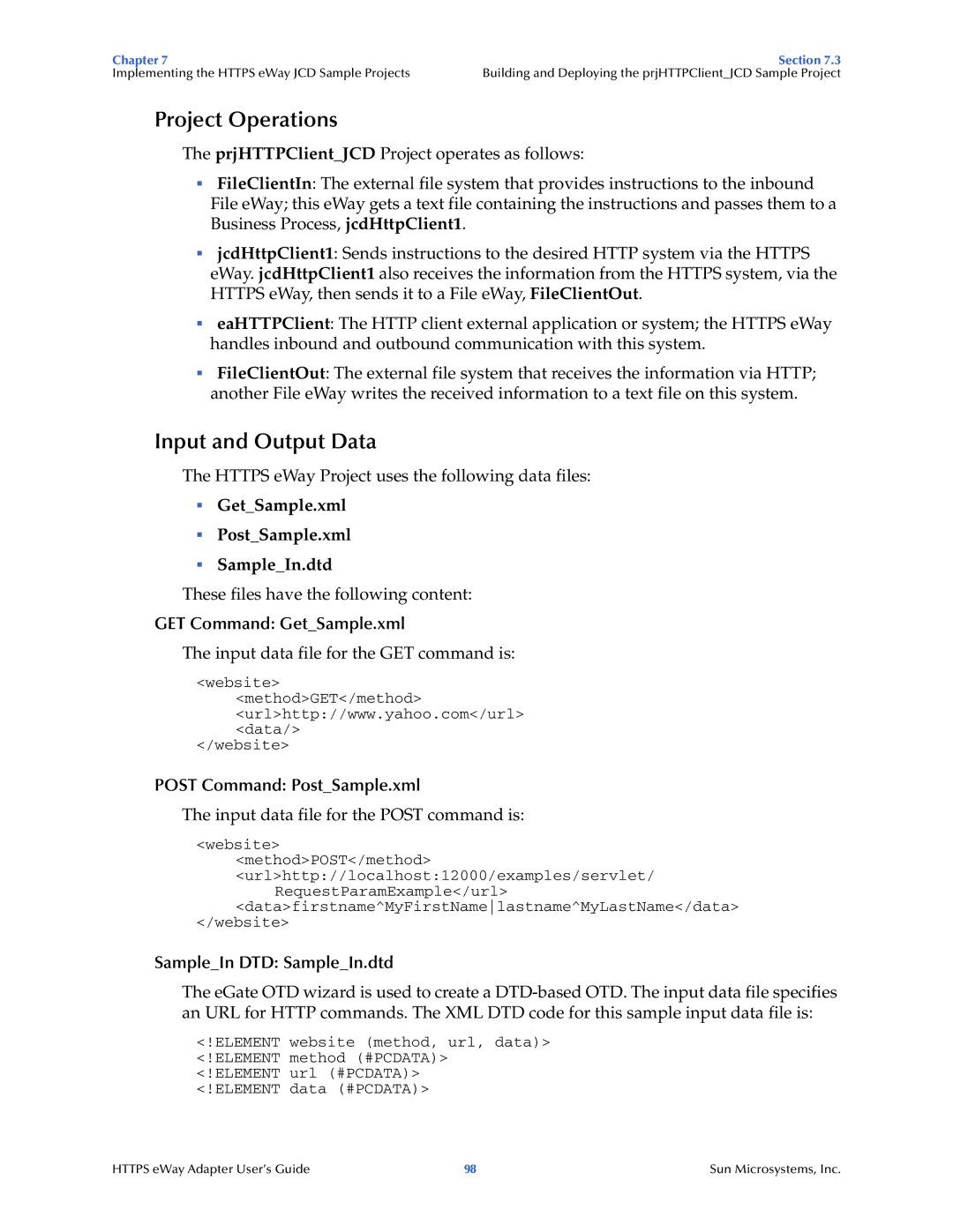 Sun Microsystems 5.1.1 manual Project Operations, SampleIn DTD SampleIn.dtd 