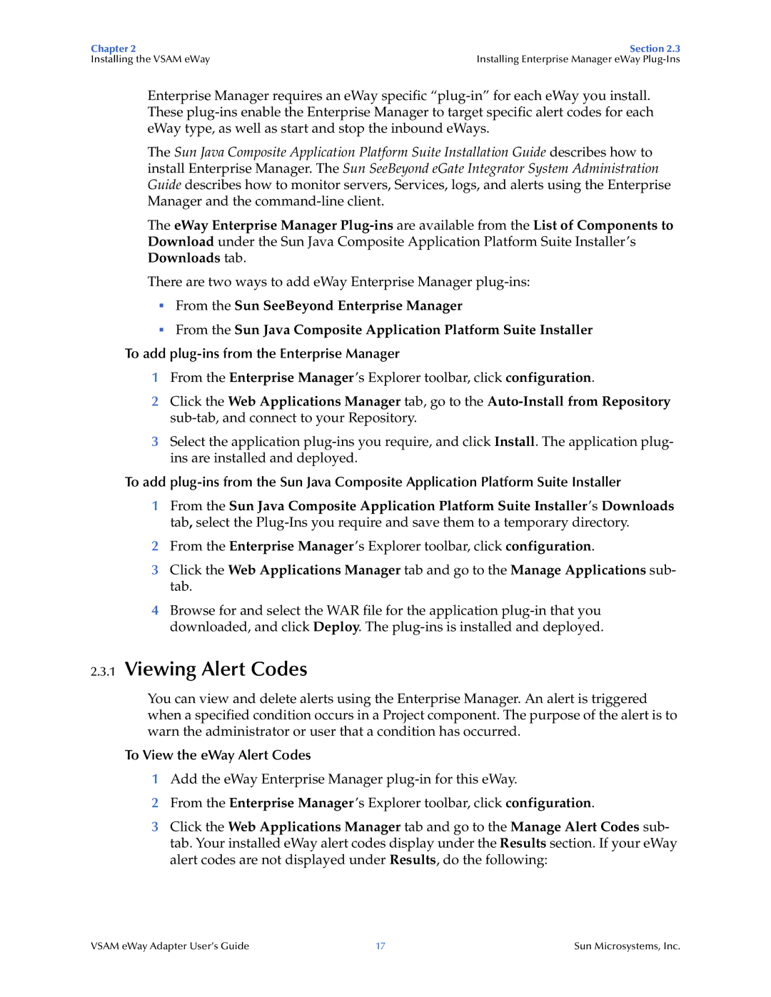 Sun Microsystems 5.1.3 Viewing Alert Codes, To add plug-ins from the Enterprise Manager, To View the eWay Alert Codes 