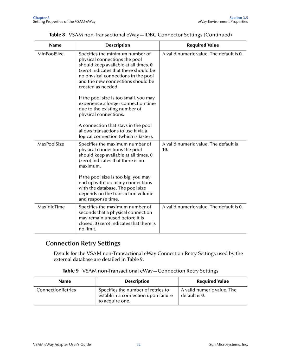 Sun Microsystems 5.1.3 manual Vsam non-Transactional eWay-Connection Retry Settings 