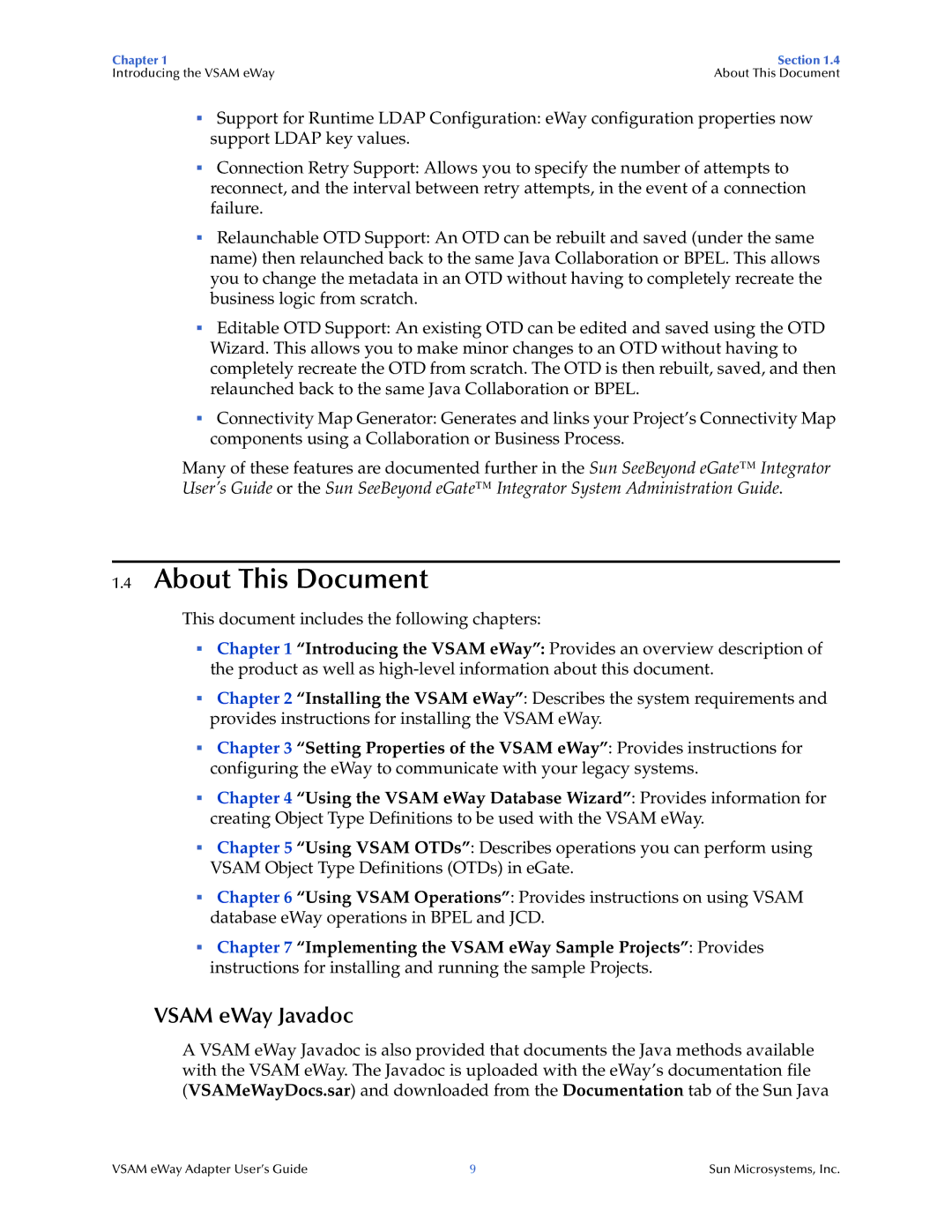 Sun Microsystems 5.1.3 manual About This Document, Vsam eWay Javadoc 