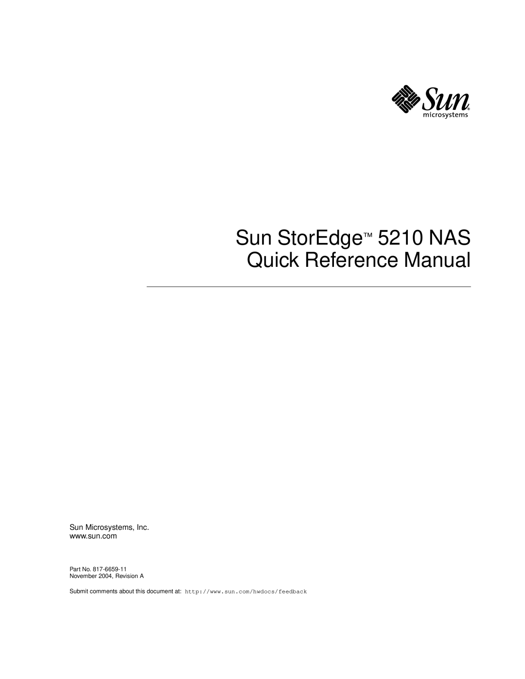 Sun Microsystems manual Sun StorEdge 5210 NAS Quick Reference Manual 