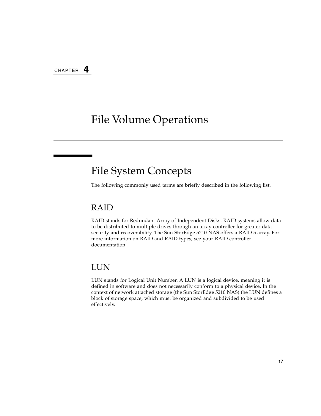 Sun Microsystems 5210 NAS manual File Volume Operations, File System Concepts 