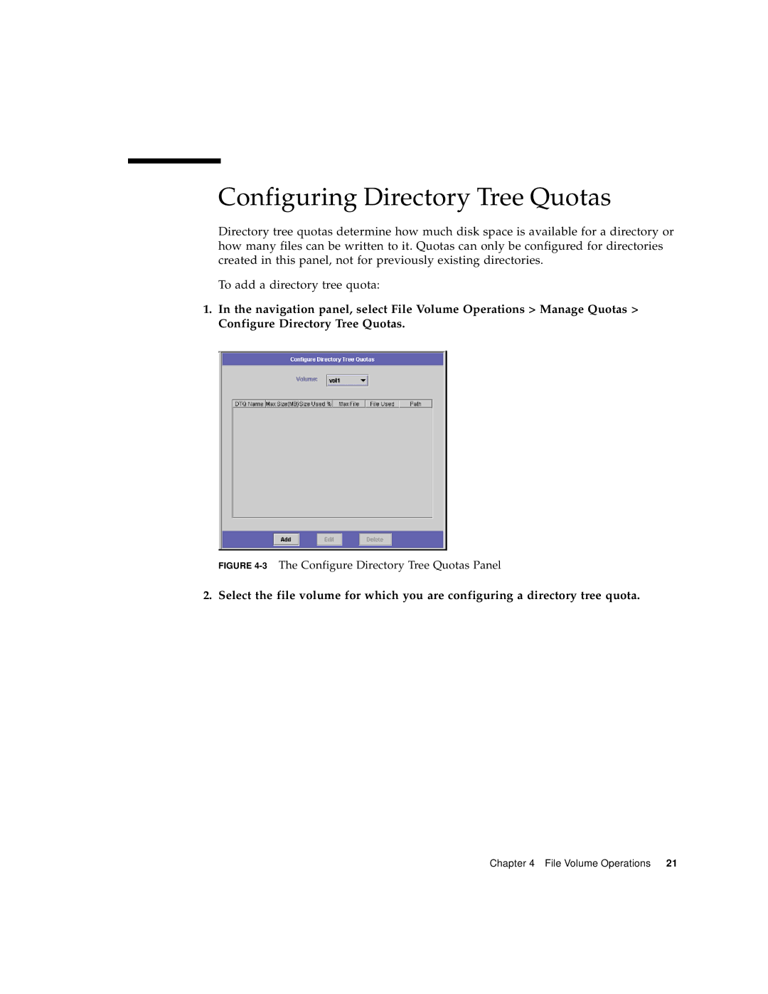 Sun Microsystems 5210 NAS manual Configuring Directory Tree Quotas, 3The Configure Directory Tree Quotas Panel 