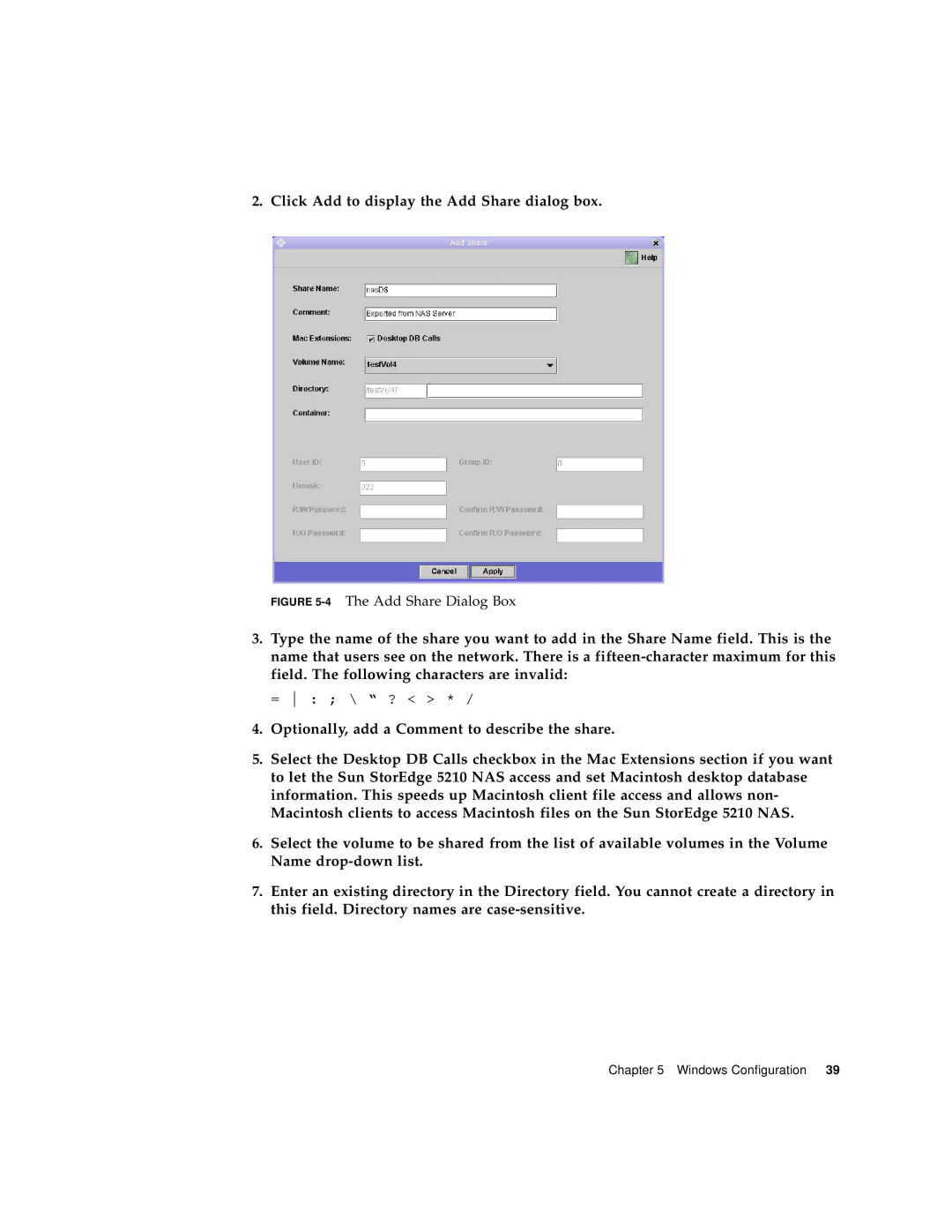 Sun Microsystems 5210 NAS manual Click Add to display the Add Share dialog box 