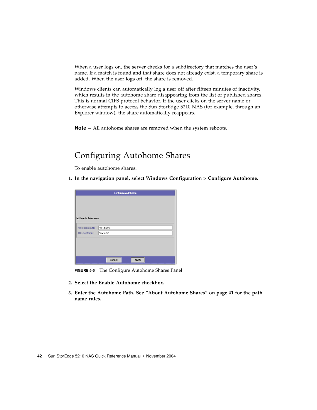 Sun Microsystems 5210 NAS manual Configuring Autohome Shares, 5The Configure Autohome Shares Panel 