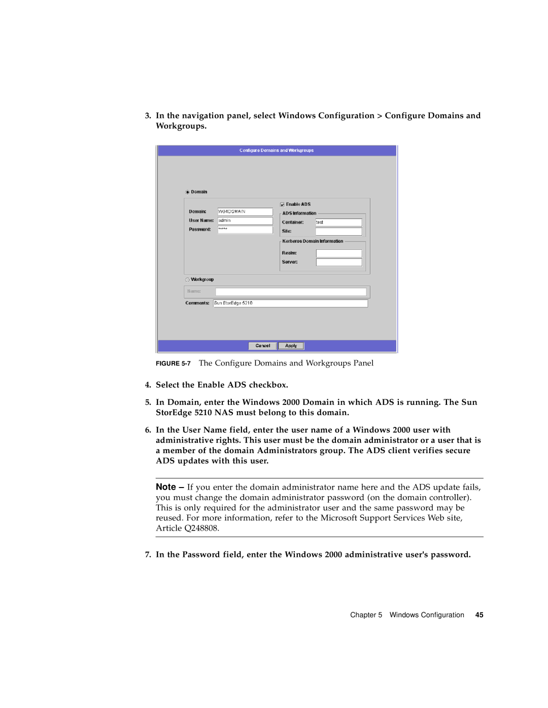 Sun Microsystems 5210 NAS manual 7The Configure Domains and Workgroups Panel 