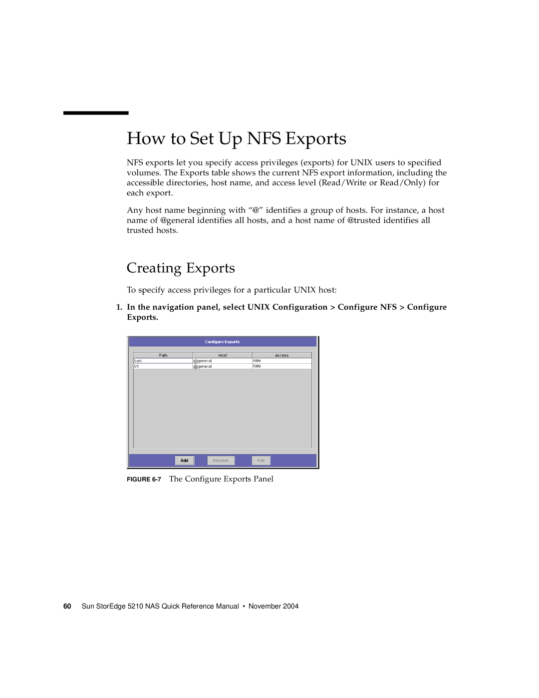 Sun Microsystems 5210 NAS manual How to Set Up NFS Exports, Creating Exports 