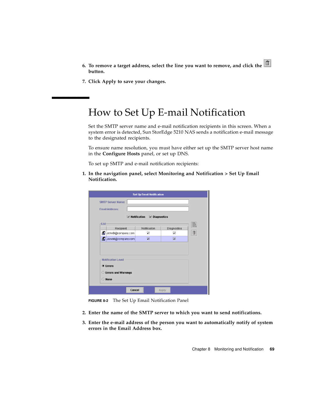 Sun Microsystems 5210 NAS manual How to Set Up E-mail Notification, 2The Set Up Email Notification Panel 