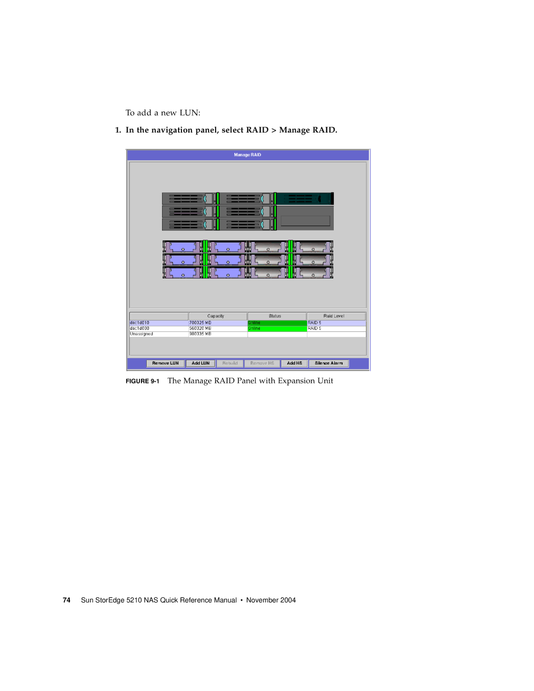 Sun Microsystems 5210 NAS manual Navigation panel, select RAID Manage RAID 