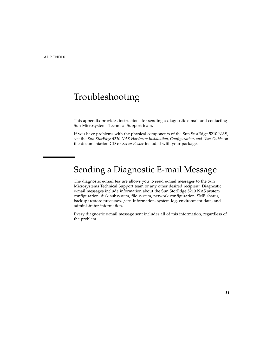 Sun Microsystems 5210 NAS manual Troubleshooting, Sending a Diagnostic E-mail Message 