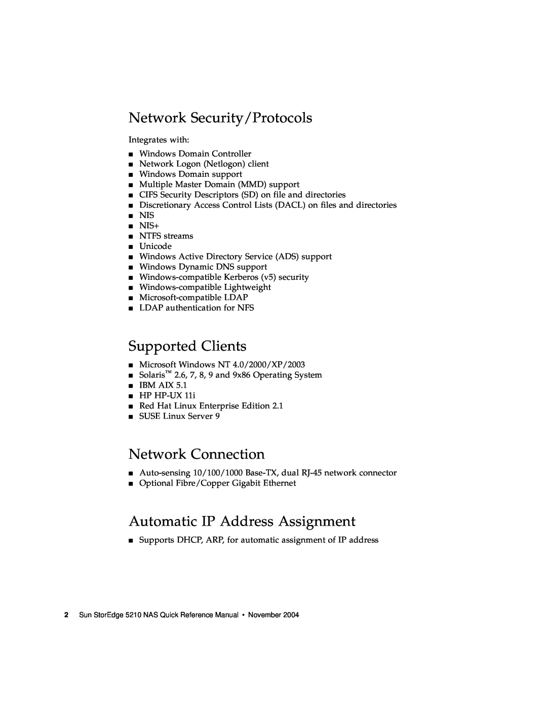 Sun Microsystems 5210 NAS manual Network Security/Protocols, Supported Clients, Network Connection 