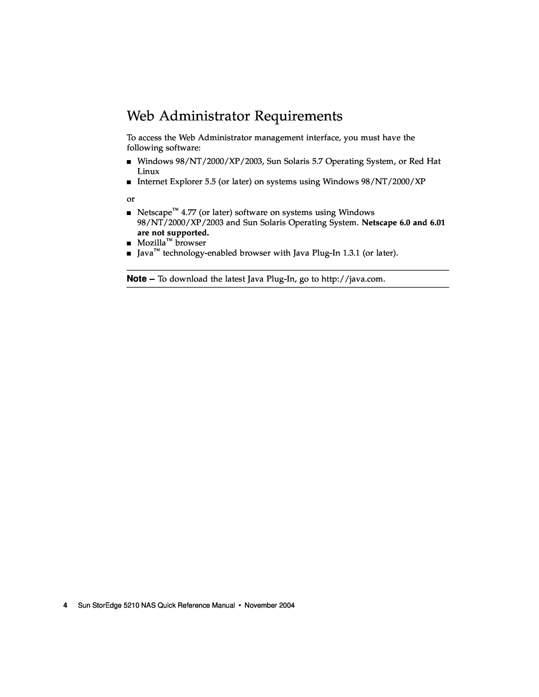 Sun Microsystems 5210 NAS manual Web Administrator Requirements 