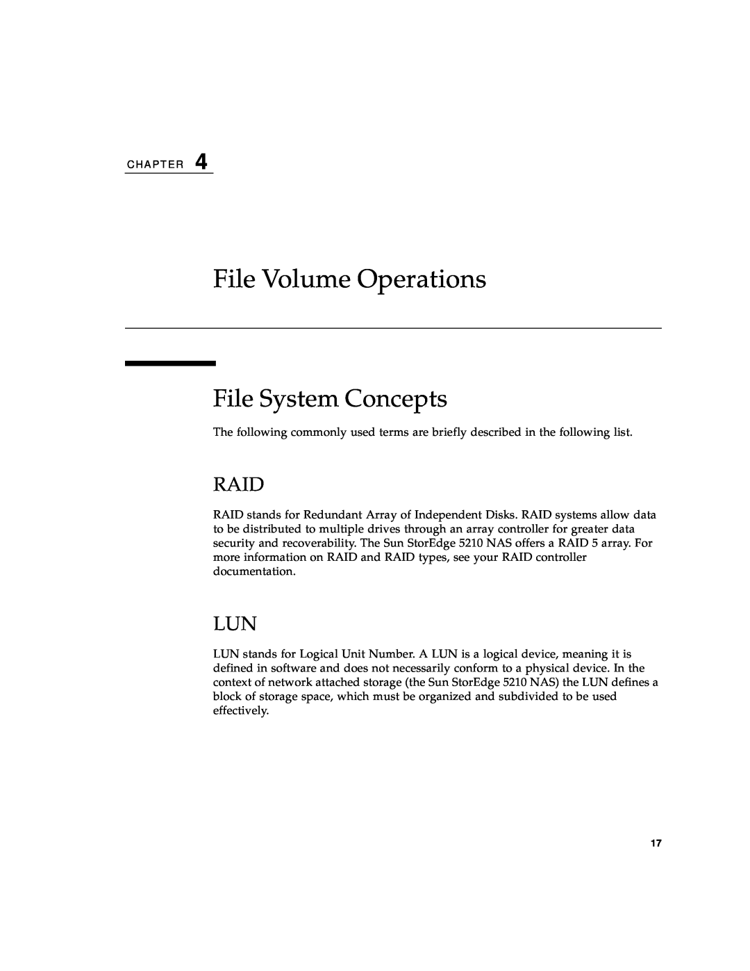 Sun Microsystems 5210 NAS manual File Volume Operations, File System Concepts, Raid 