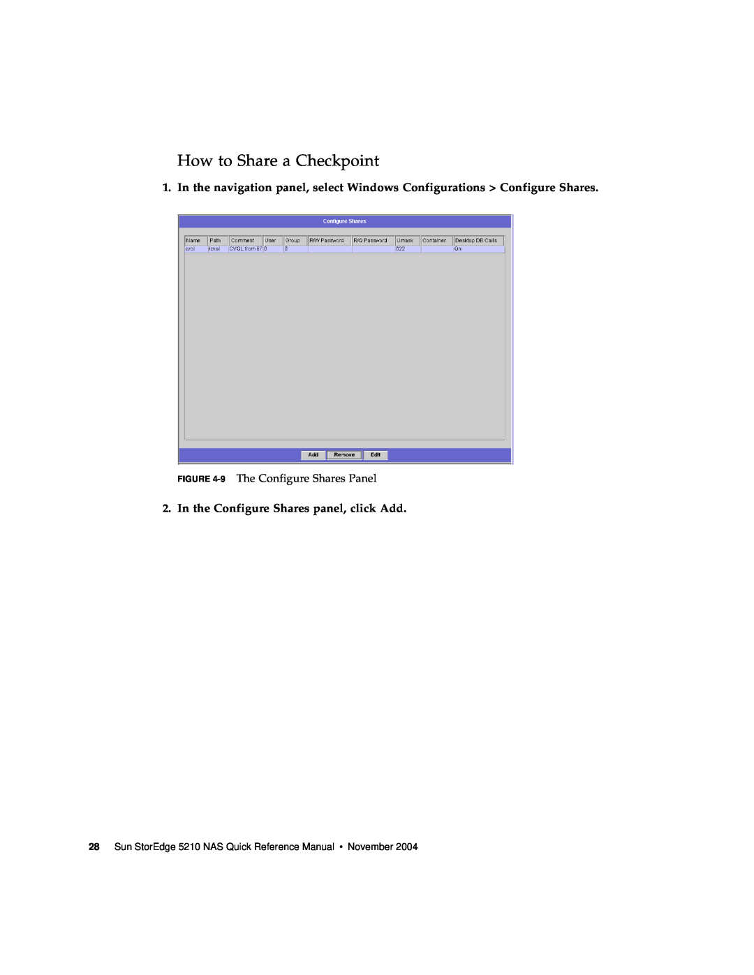 Sun Microsystems 5210 NAS manual How to Share a Checkpoint, In the Configure Shares panel, click Add 