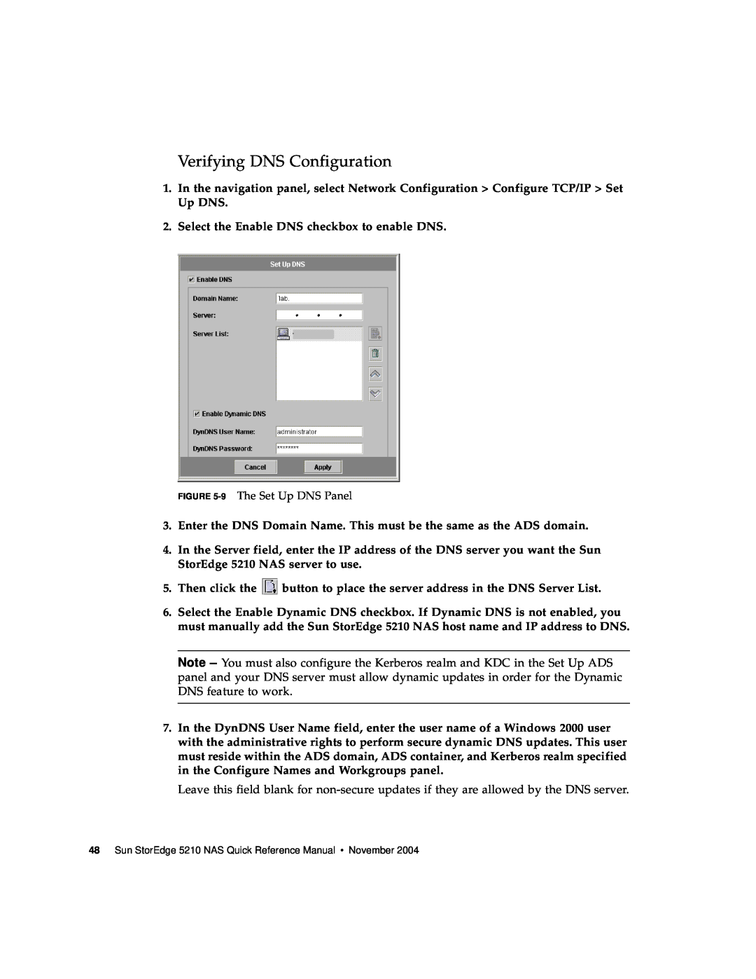 Sun Microsystems 5210 NAS manual Verifying DNS Configuration, 9 The Set Up DNS Panel 