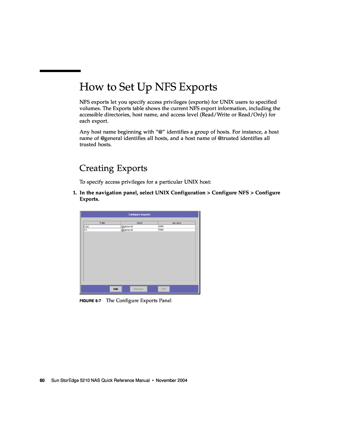 Sun Microsystems 5210 NAS manual How to Set Up NFS Exports, Creating Exports 
