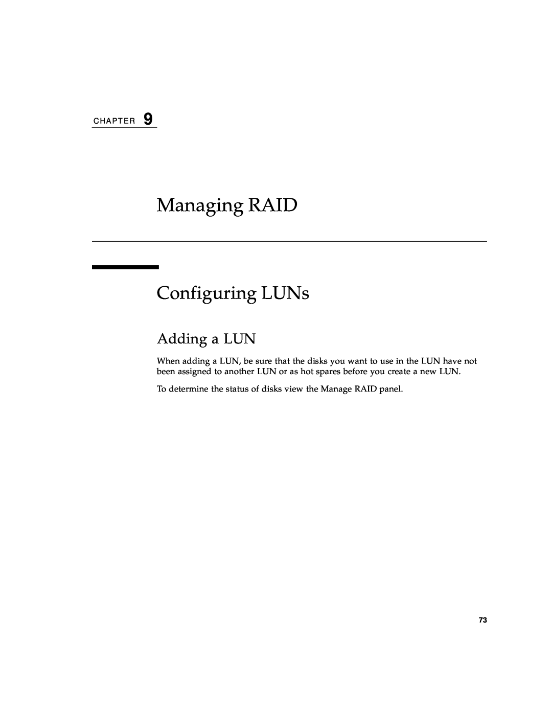 Sun Microsystems 5210 NAS manual Managing RAID, Configuring LUNs, Adding a LUN 