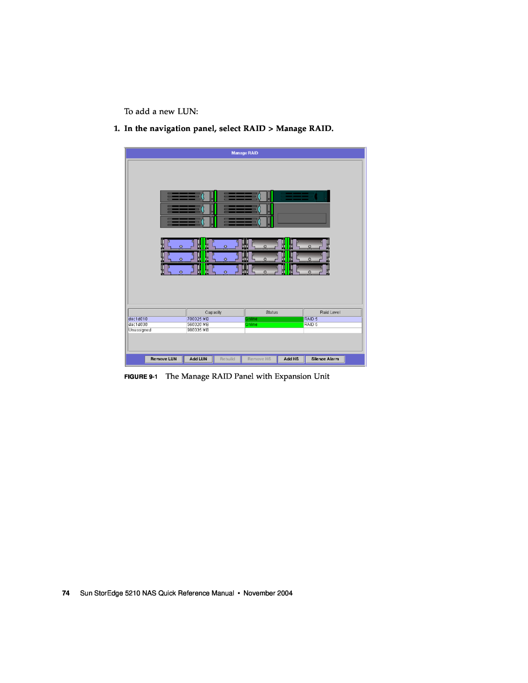 Sun Microsystems 5210 NAS manual To add a new LUN, In the navigation panel, select RAID Manage RAID 