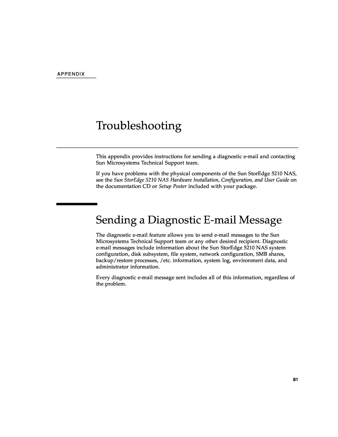 Sun Microsystems 5210 NAS manual Troubleshooting, Sending a Diagnostic E-mail Message 