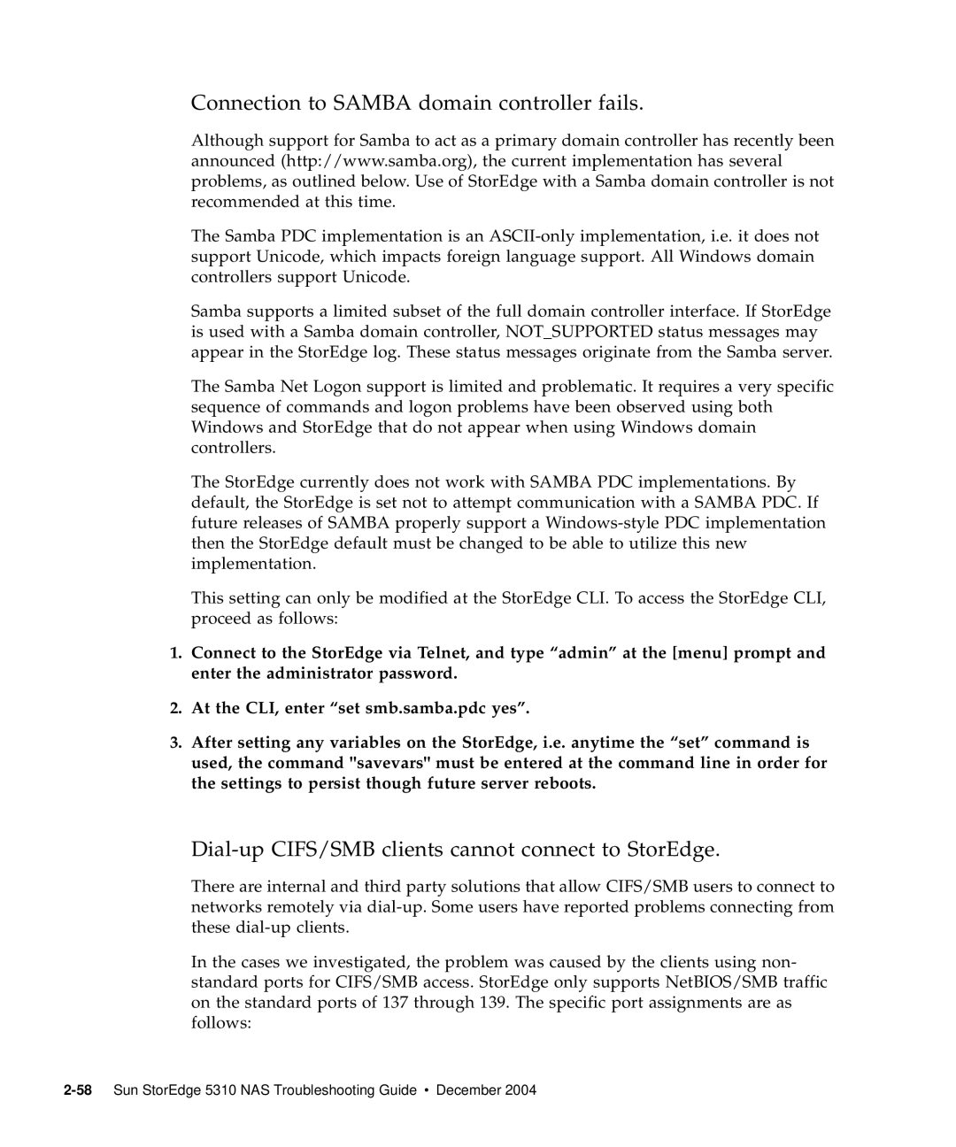 Sun Microsystems 5310 NAS Connection to Samba domain controller fails, Dial-up CIFS/SMB clients cannot connect to StorEdge 