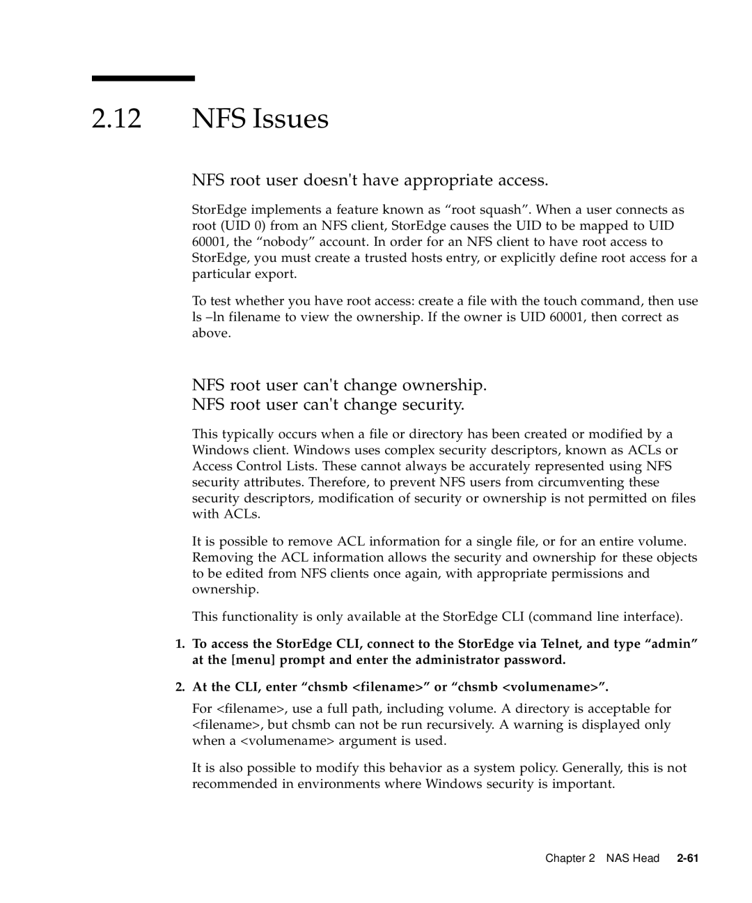 Sun Microsystems 5310 NAS manual NFS Issues, NFS root user doesnt have appropriate access 