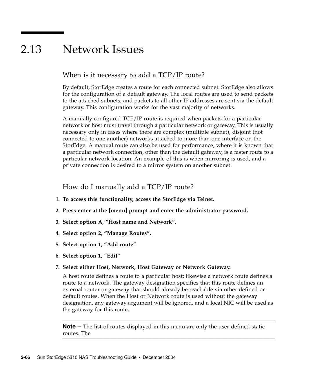 Sun Microsystems 5310 NAS manual Network Issues, When is it necessary to add a TCP/IP route? 