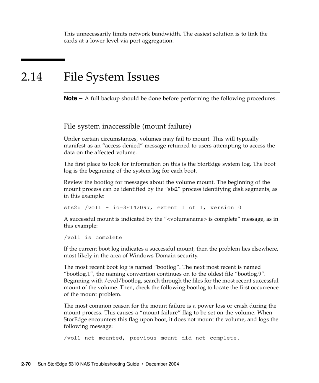 Sun Microsystems 5310 NAS manual File System Issues, File system inaccessible mount failure 