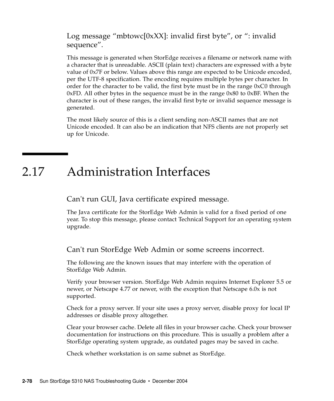 Sun Microsystems 5310 NAS manual Administration Interfaces, Cant run GUI, Java certificate expired message 