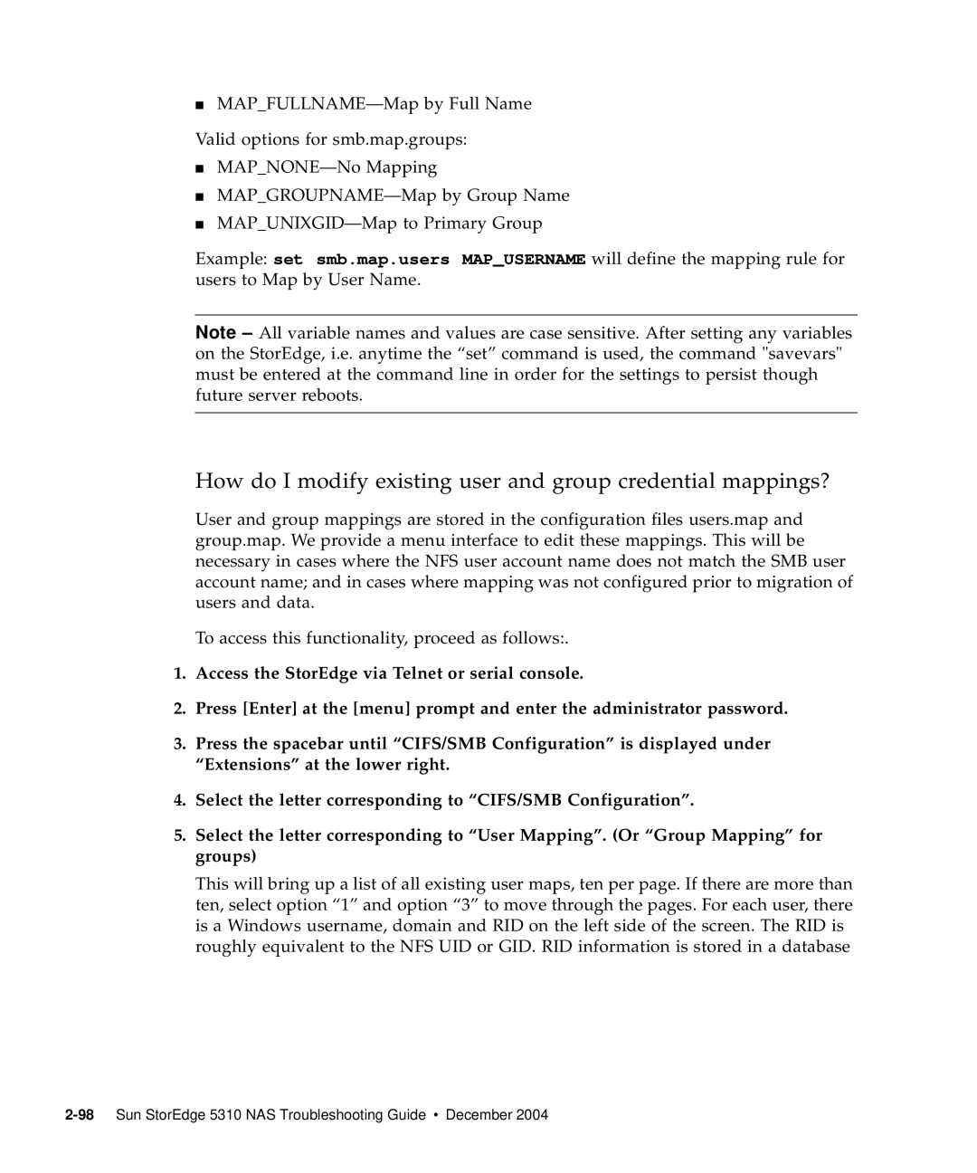 Sun Microsystems 5310 NAS manual How do I modify existing user and group credential mappings? 