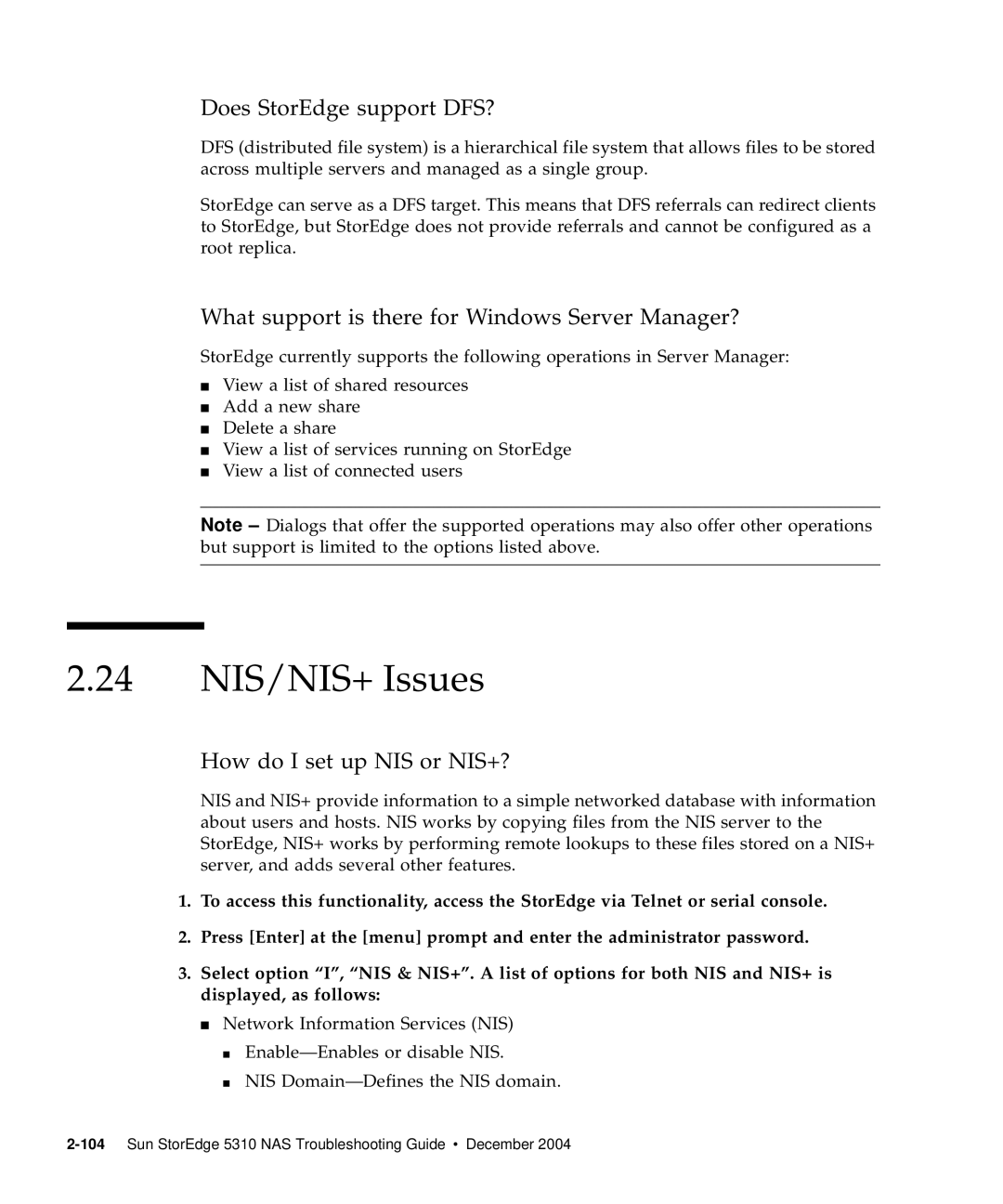 Sun Microsystems 5310 NAS manual 24 NIS/NIS+ Issues, Does StorEdge support DFS?, How do I set up NIS or NIS+? 