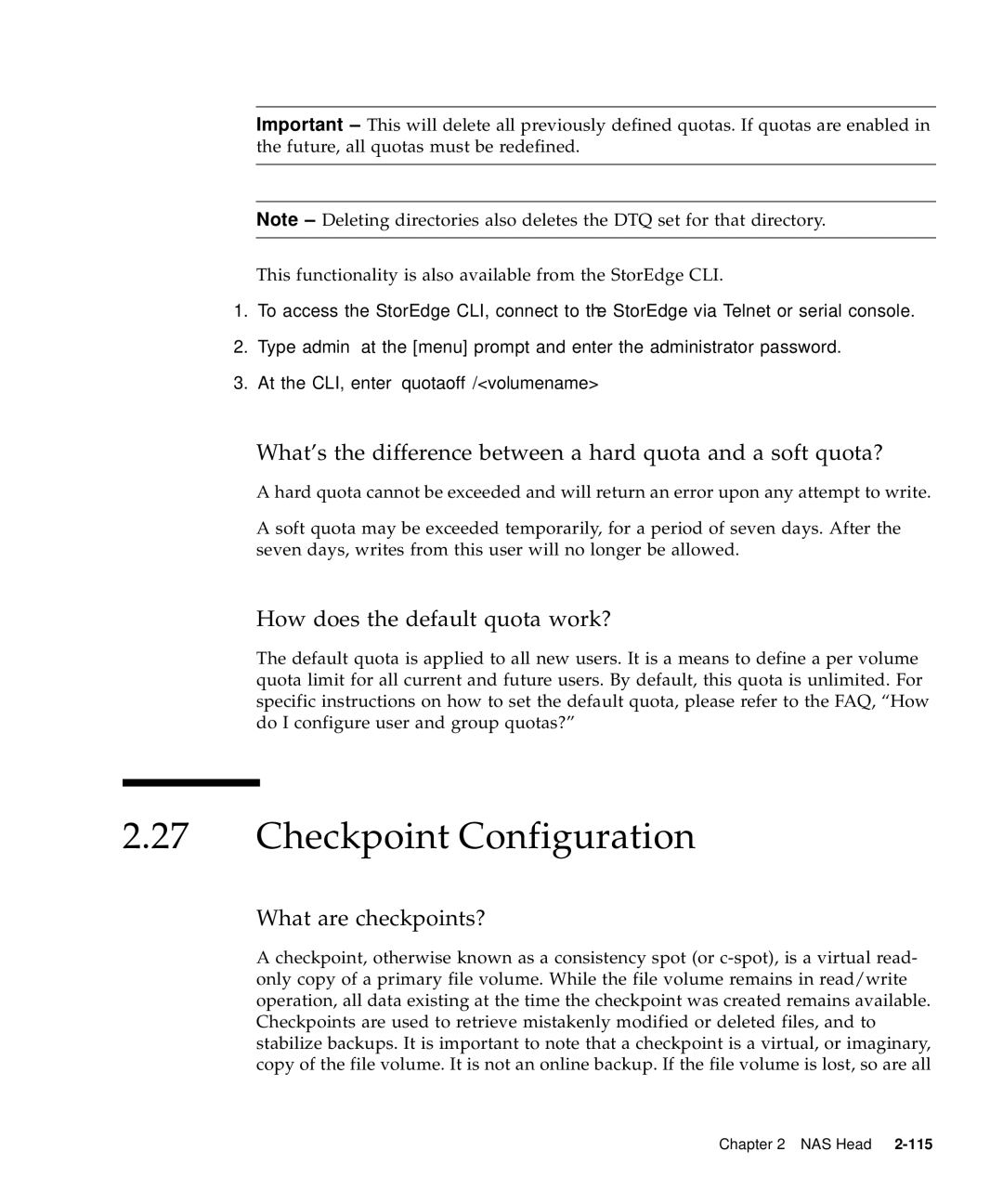 Sun Microsystems 5310 NAS manual Checkpoint Configuration, How does the default quota work?, What are checkpoints? 