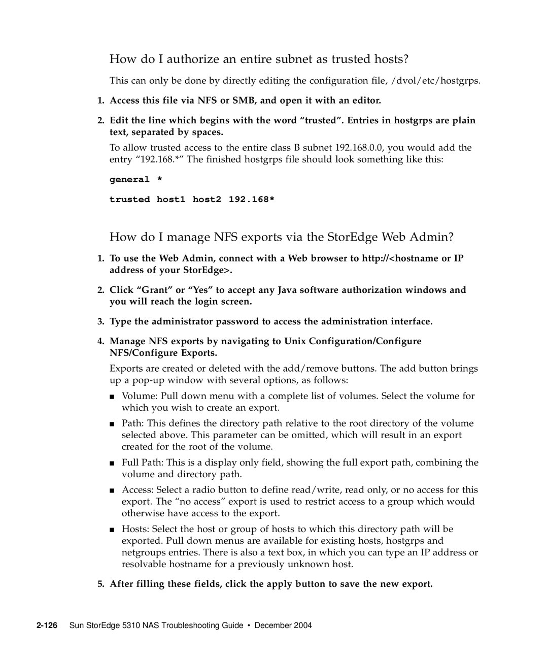 Sun Microsystems 5310 NAS manual How do I manage NFS exports via the StorEdge Web Admin? 