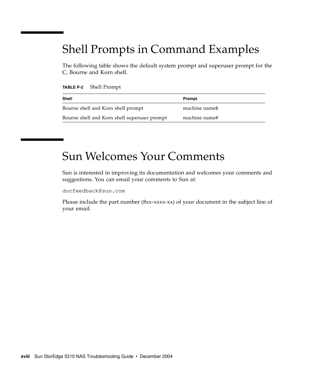 Sun Microsystems 5310 NAS manual Shell Prompts in Command Examples, Sun Welcomes Your Comments, Table P-2Shell Prompt 