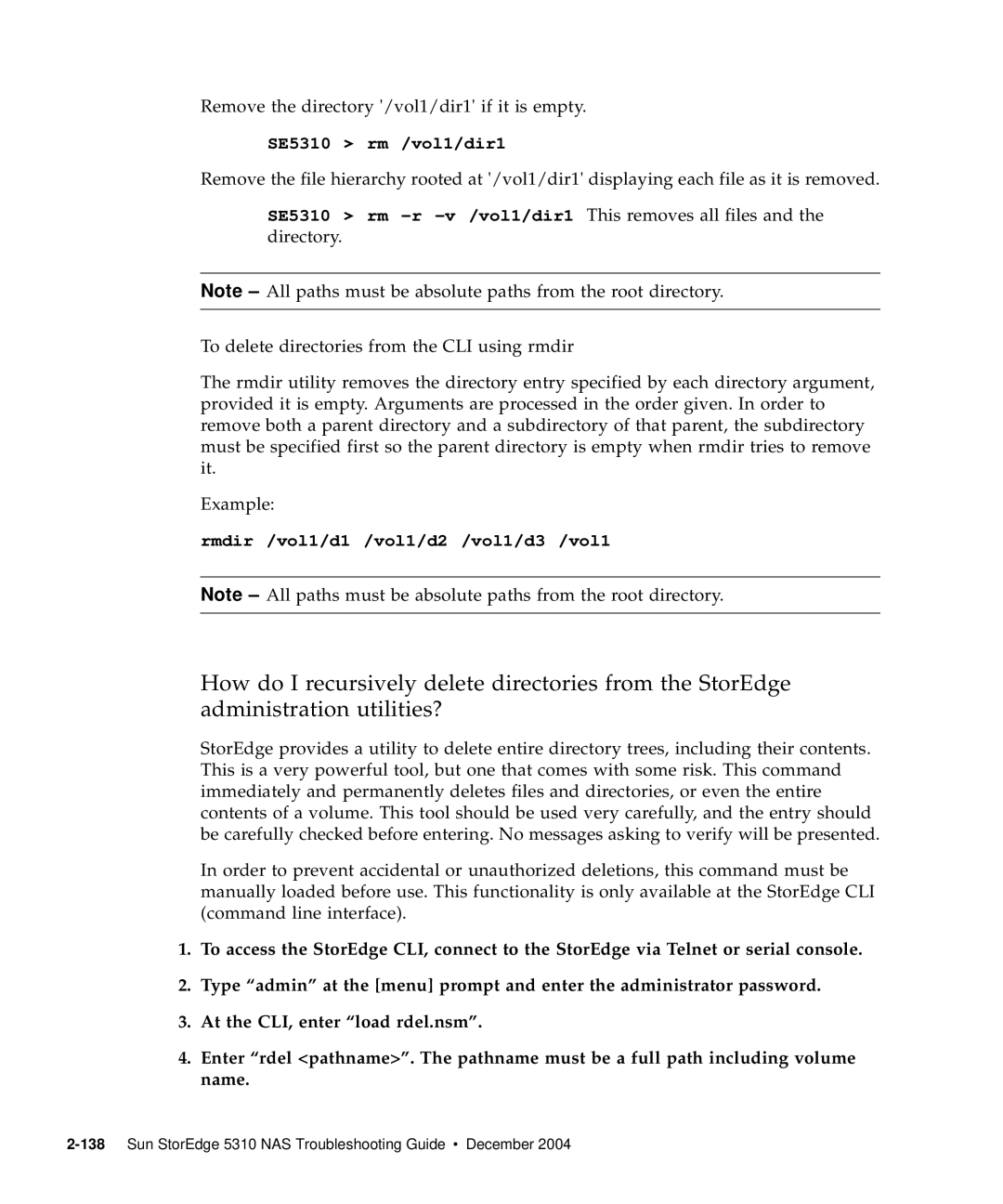 Sun Microsystems 5310 NAS manual Rmdir /vol1/d1 /vol1/d2 /vol1/d3 /vol1 