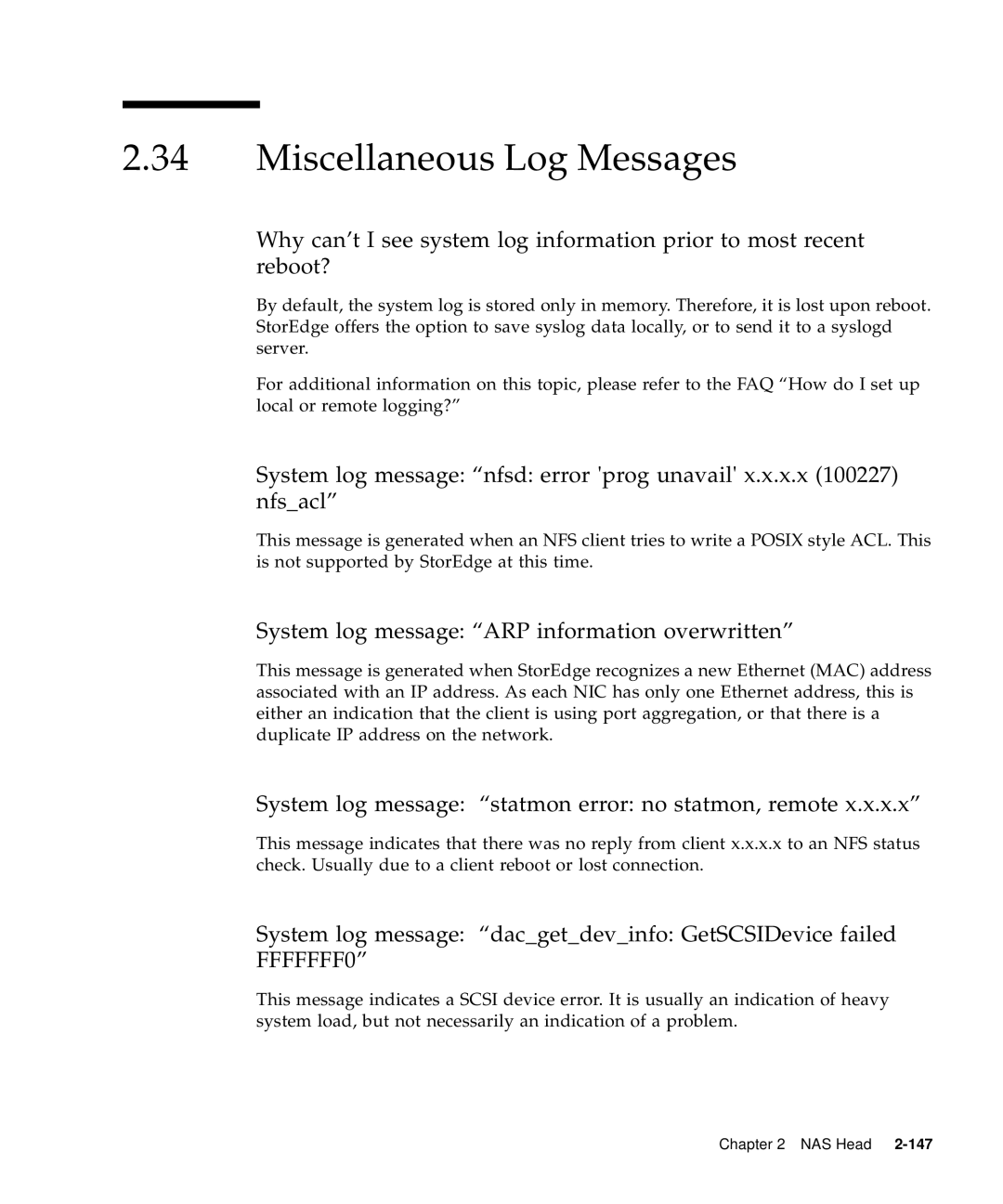 Sun Microsystems 5310 NAS manual Miscellaneous Log Messages, System log message ARP information overwritten 