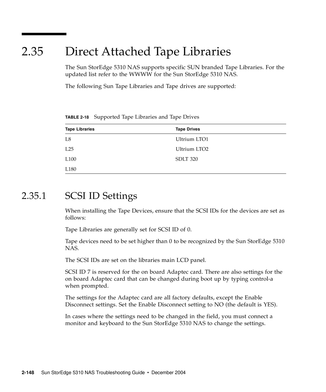 Sun Microsystems 5310 NAS manual Scsi ID Settings, 18Supported Tape Libraries and Tape Drives 