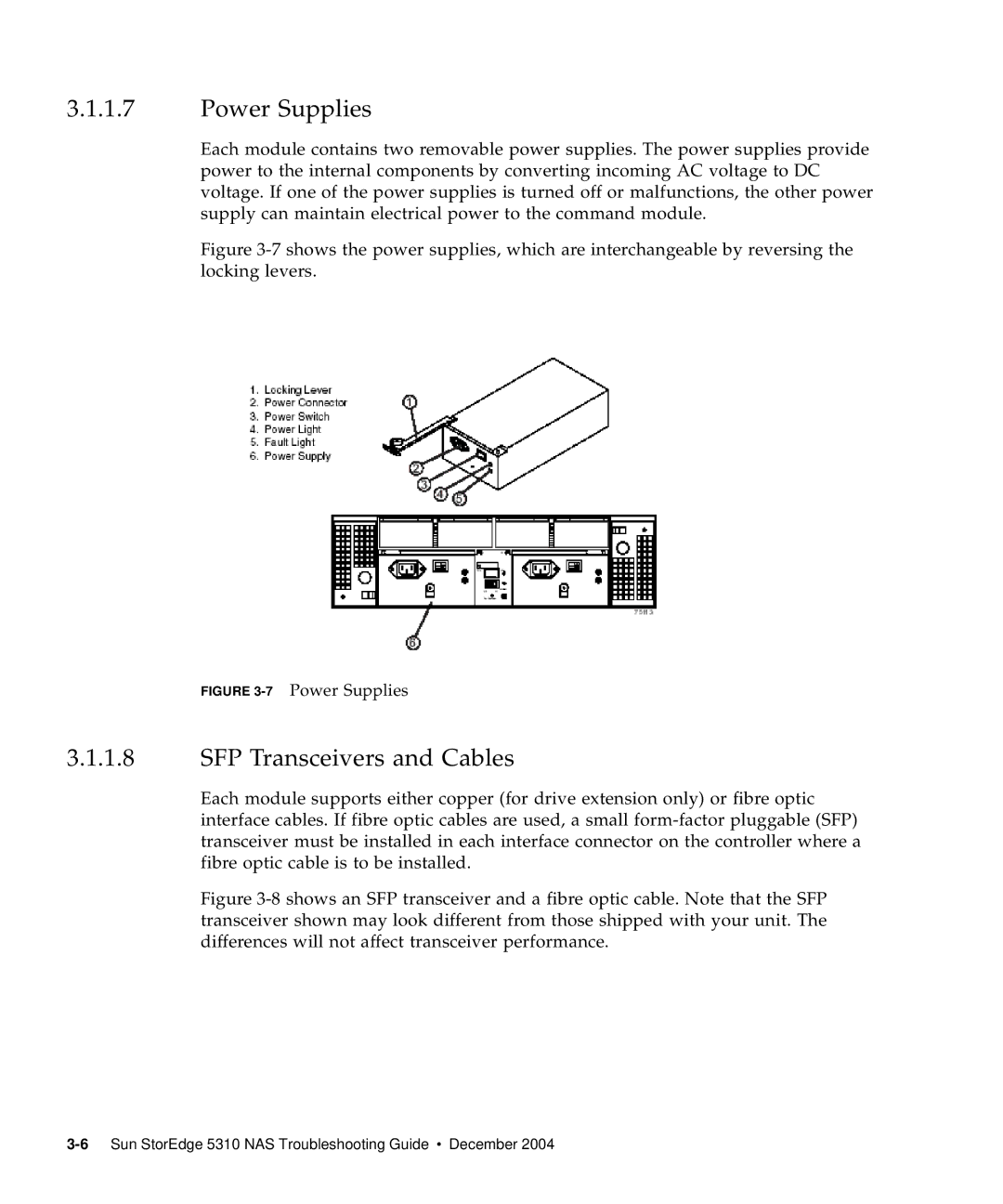 Sun Microsystems 5310 NAS manual Power Supplies, SFP Transceivers and Cables 