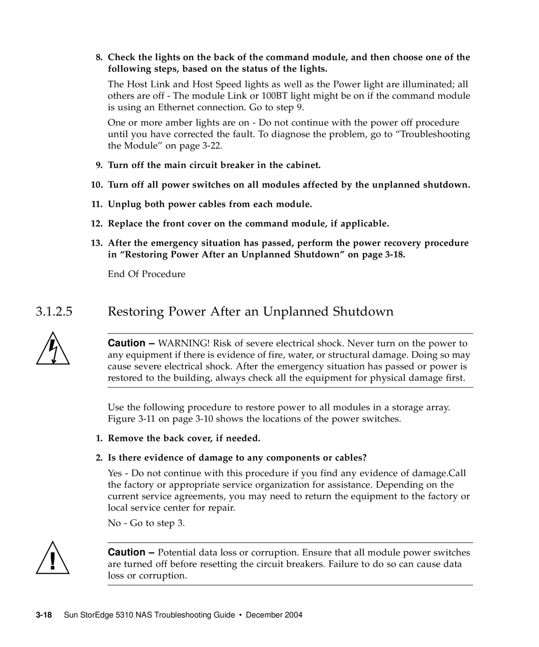 Sun Microsystems 5310 NAS manual Restoring Power After an Unplanned Shutdown 