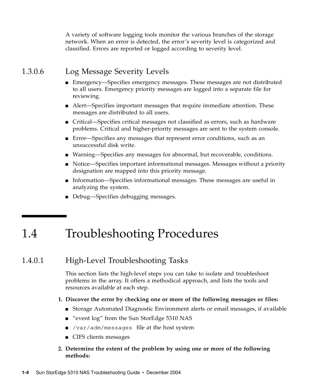 Sun Microsystems 5310 NAS manual Troubleshooting Procedures, Log Message Severity Levels, High-Level Troubleshooting Tasks 