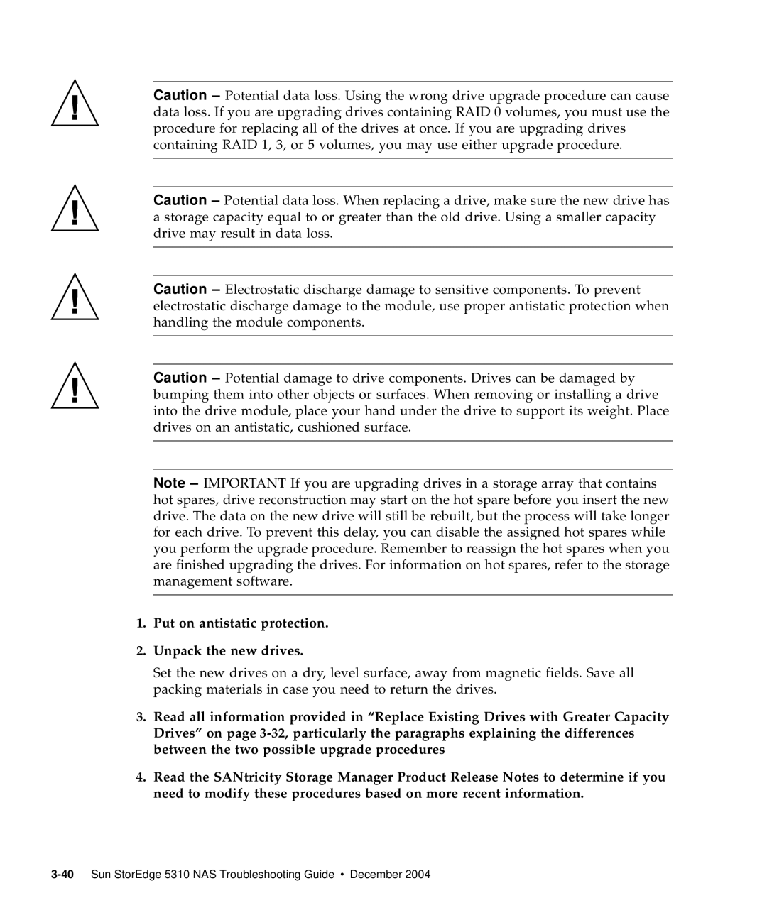 Sun Microsystems 5310 NAS manual Put on antistatic protection Unpack the new drives 